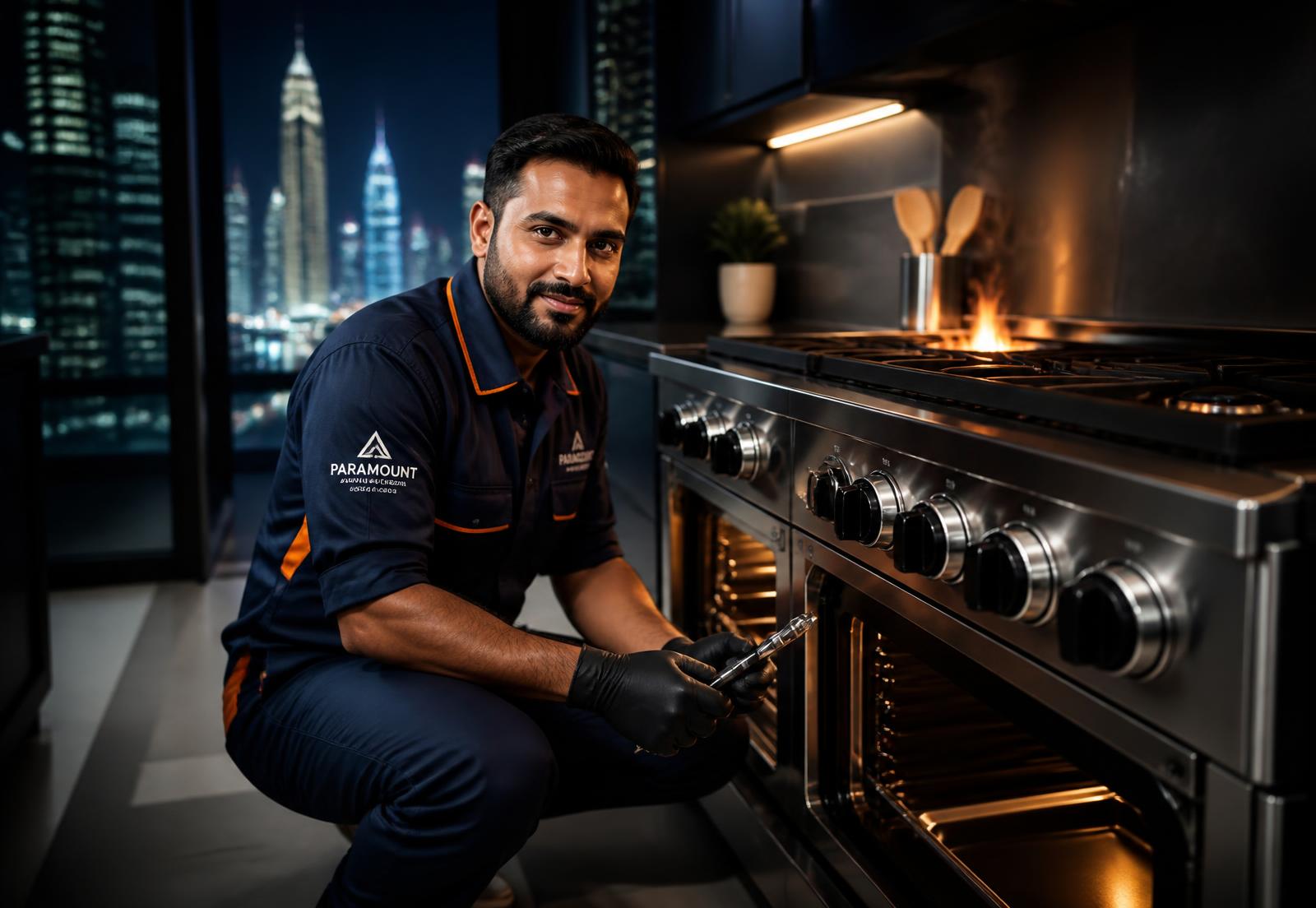 Technician servicing commercial kitchen cooking equipment in a professional Dubai kitchen